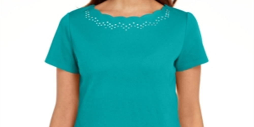 Camiseta feminina Karen Scott de algodão com gola recortada, verde, tamanho médio