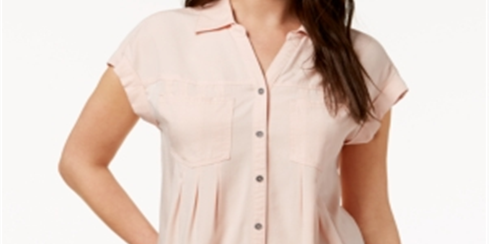 Blusa Henley de manga curta com gola alta feminina Style &amp; Co, rosa, tamanho grande, para usar no trabalho