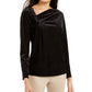 Blusa casual feminina Alfani com decote redondo texturizado e manga comprida, preta, tamanho X-S