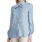 Camisa Ralph Lauren Feminina Cambraia com Gola Amarrada Azul Tamanho Grande
