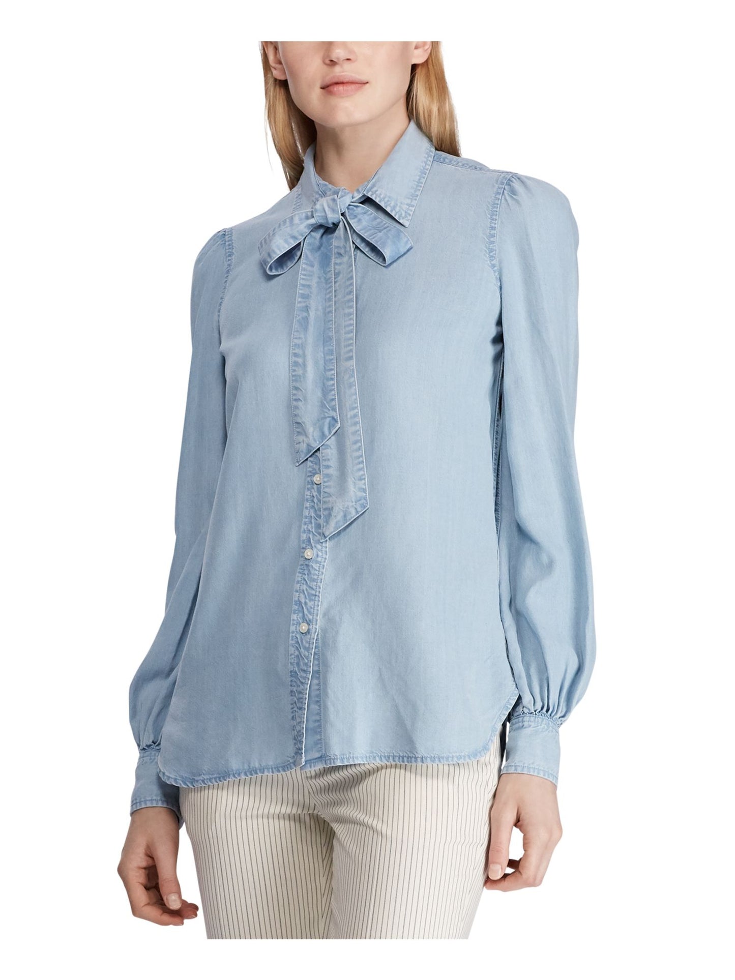 Camisa Ralph Lauren Feminina Cambraia com Gola Amarrada Azul Tamanho Grande