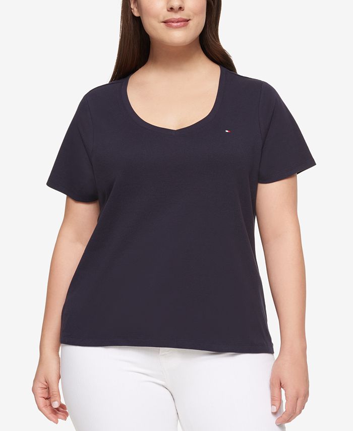 Camiseta feminina Tommy Hilfiger de algodão com decote em V, azul, tamanho 1X