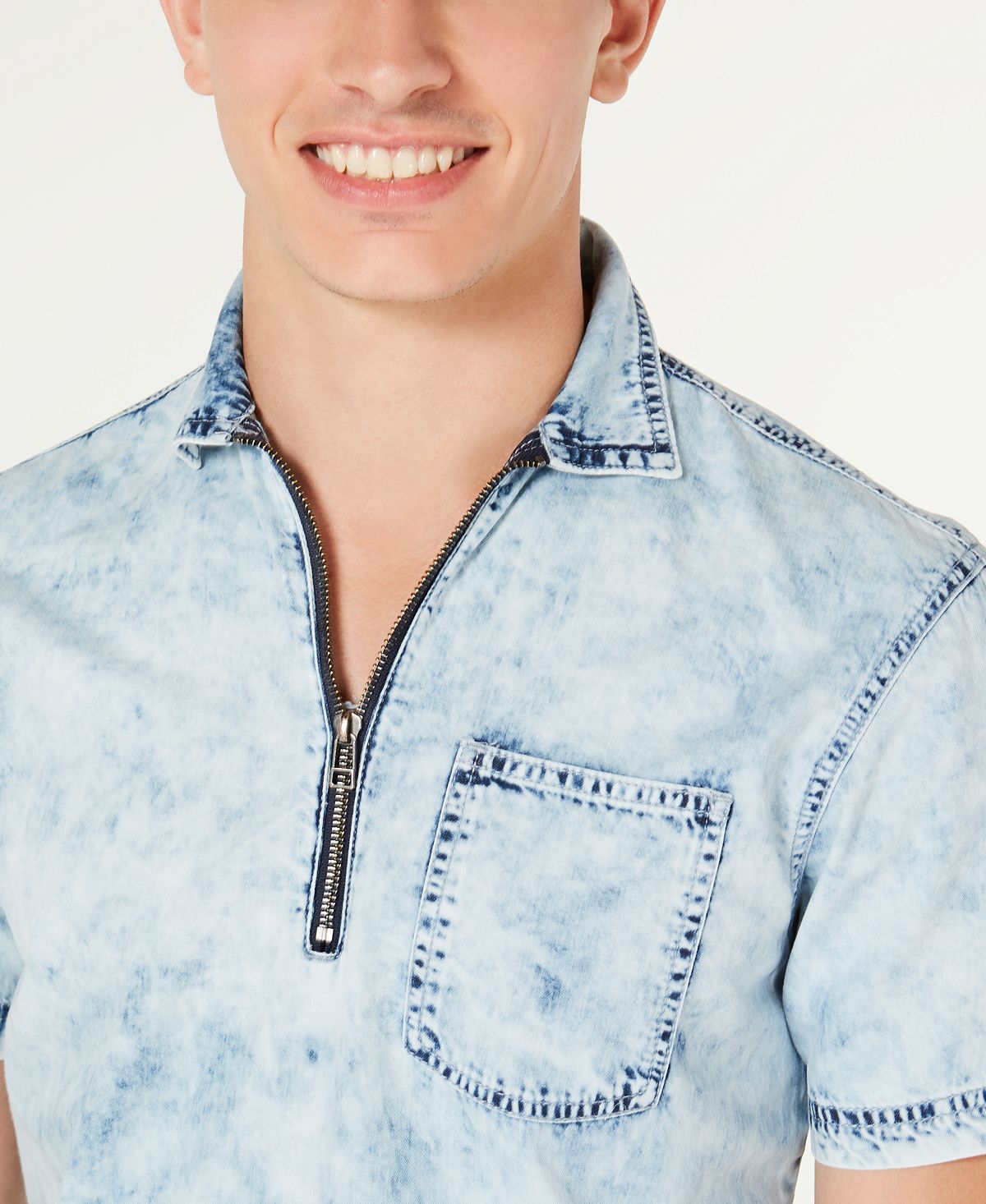 Camisa jeans masculina com zíper de um quarto da INC International Concepts, azul, tamanho pequeno