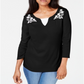 Karen Scott Blusa feminina bordada de algodão com efeito em camadas, preta, tamanho X-G