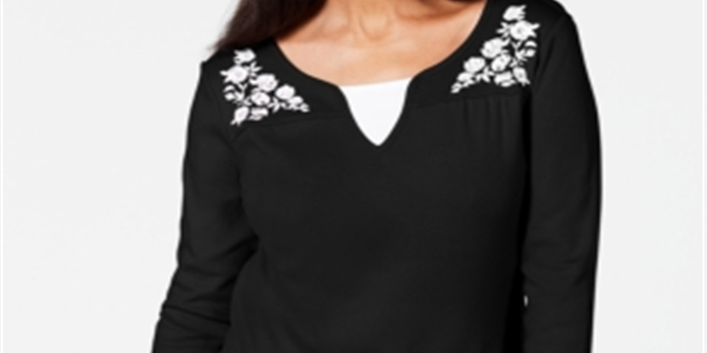 Karen Scott Blusa feminina bordada de algodão com efeito em camadas, preta, tamanho X-G