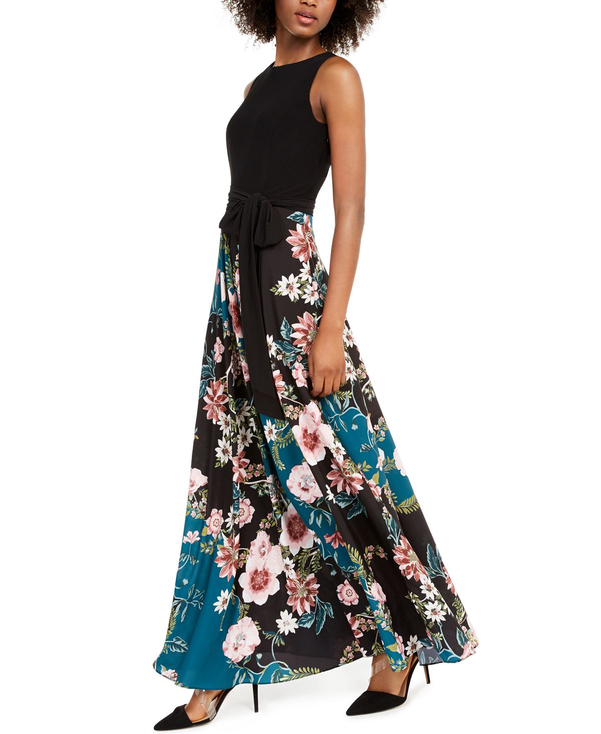 Vestido longo feminino com estampa floral e lisa da INC Iternational Concepts, preto, tamanho 0