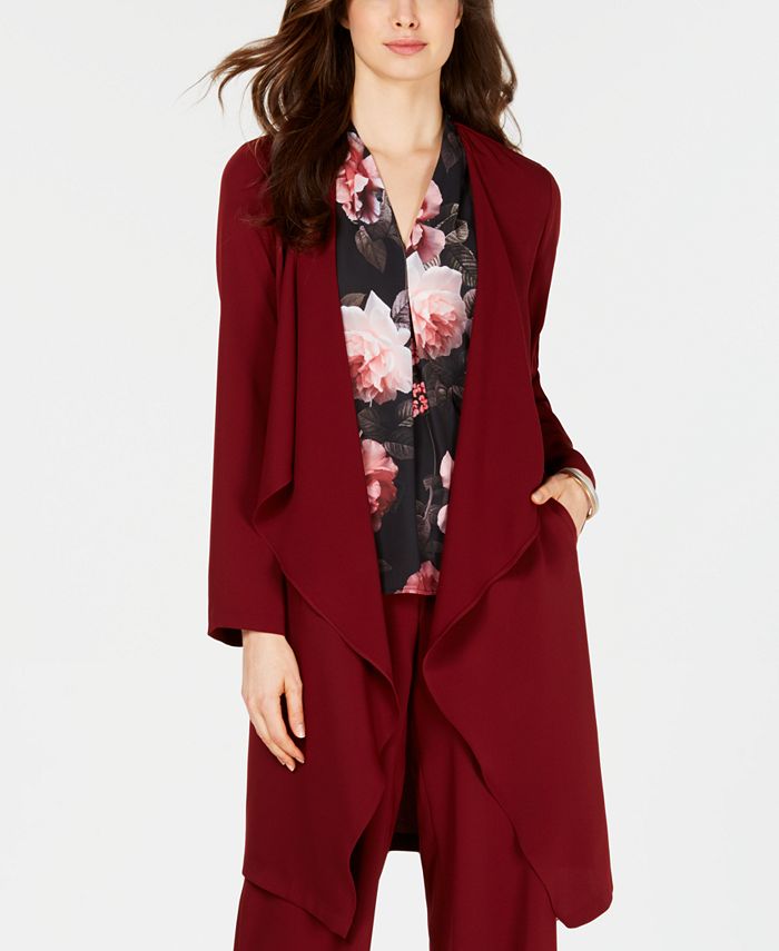 Jaqueta feminina Nine West com decote drapeado e frente aberta, vermelha, tamanho grande