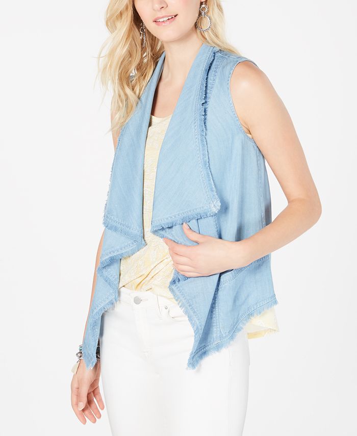Colete feminino estilo &amp; co com frente drapeada e bainha desfiada, azul, tamanho maior