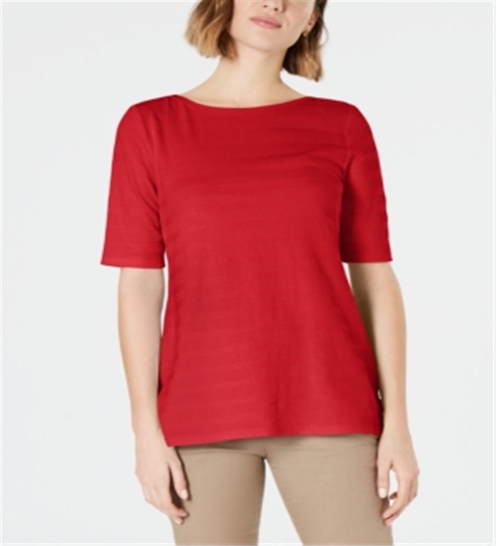 Camiseta feminina Charter Club com textura de algodão e listras, mangas curtas, vermelha, tamanho XL