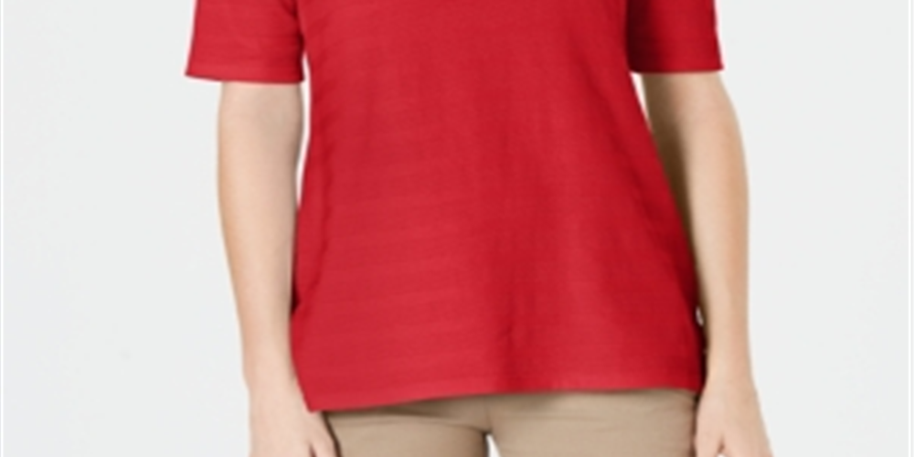 Camiseta feminina Charter Club com textura de algodão e listras, mangas curtas, vermelha, tamanho XL