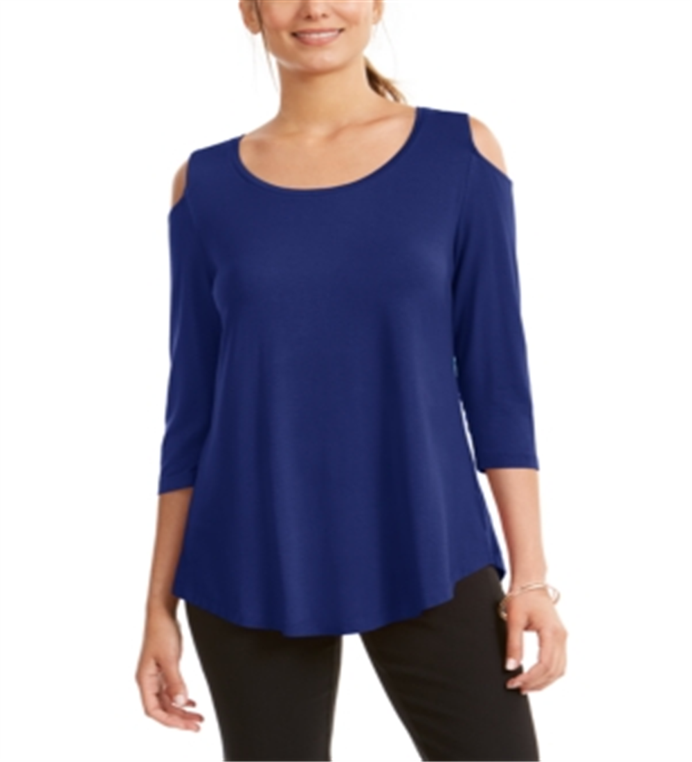 JM Collection Blusa feminina com ombros descobertos, azul, tamanho pequeno GG