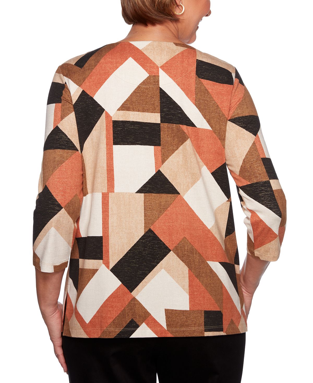Túnica feminina Alfred Dunner com estampa geométrica e detalhes em marrom, tamanho pequeno G