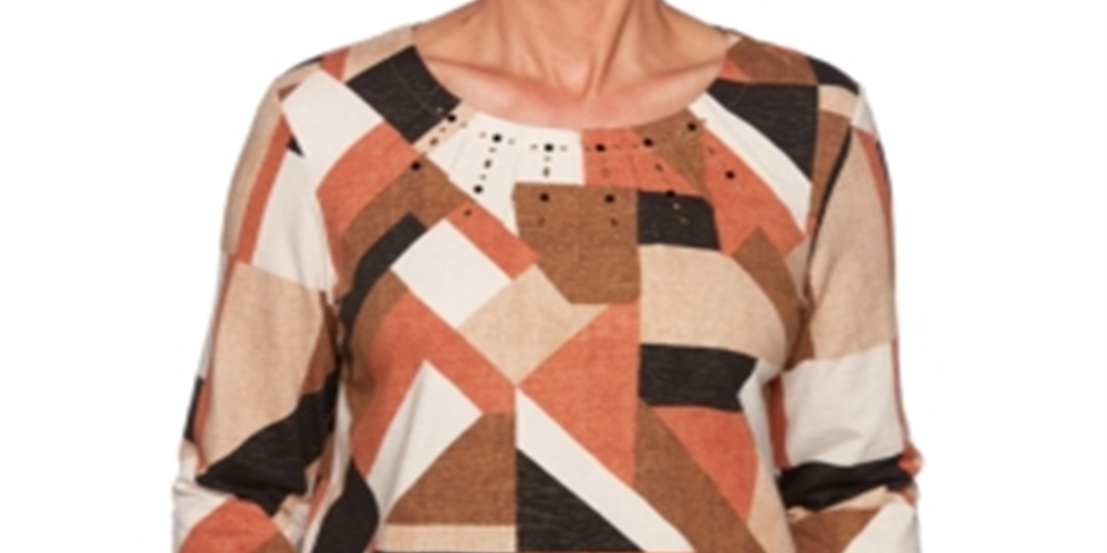 Túnica feminina Alfred Dunner com estampa geométrica e detalhes em marrom, tamanho pequeno G