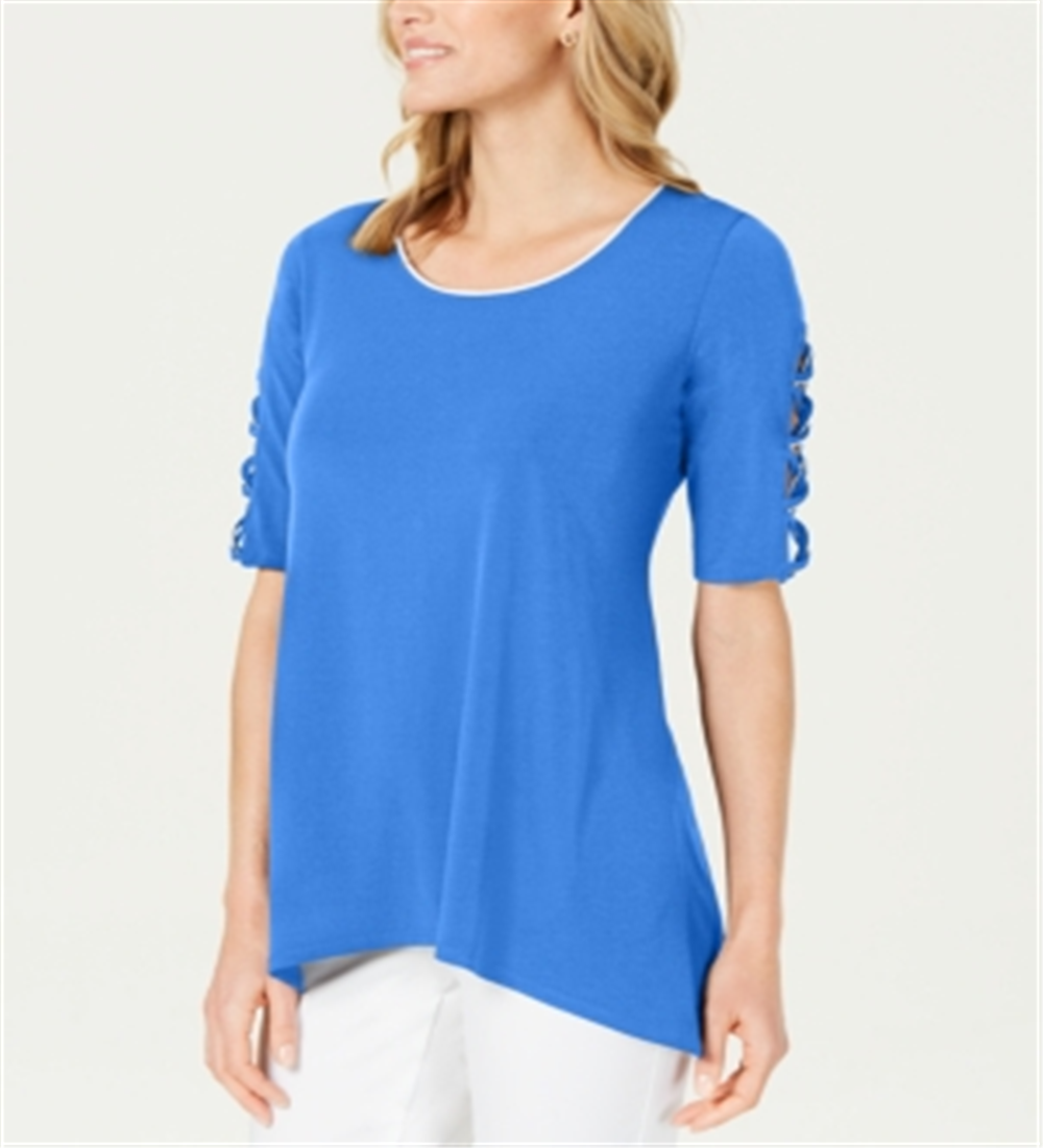 Túnica feminina JM Collection com manga trançada, azul, tamanho pequeno XL