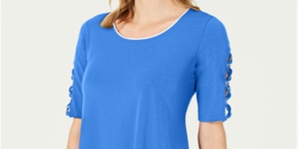 Túnica feminina JM Collection com manga trançada, azul, tamanho pequeno XL