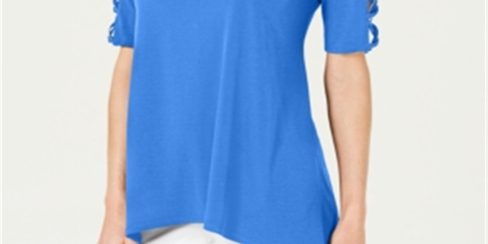 Túnica feminina JM Collection com manga trançada, azul, tamanho pequeno XL