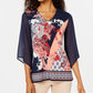 JM Collection Blusa feminina com decote em V e manga de chiffon estampada, azul, tamanho G