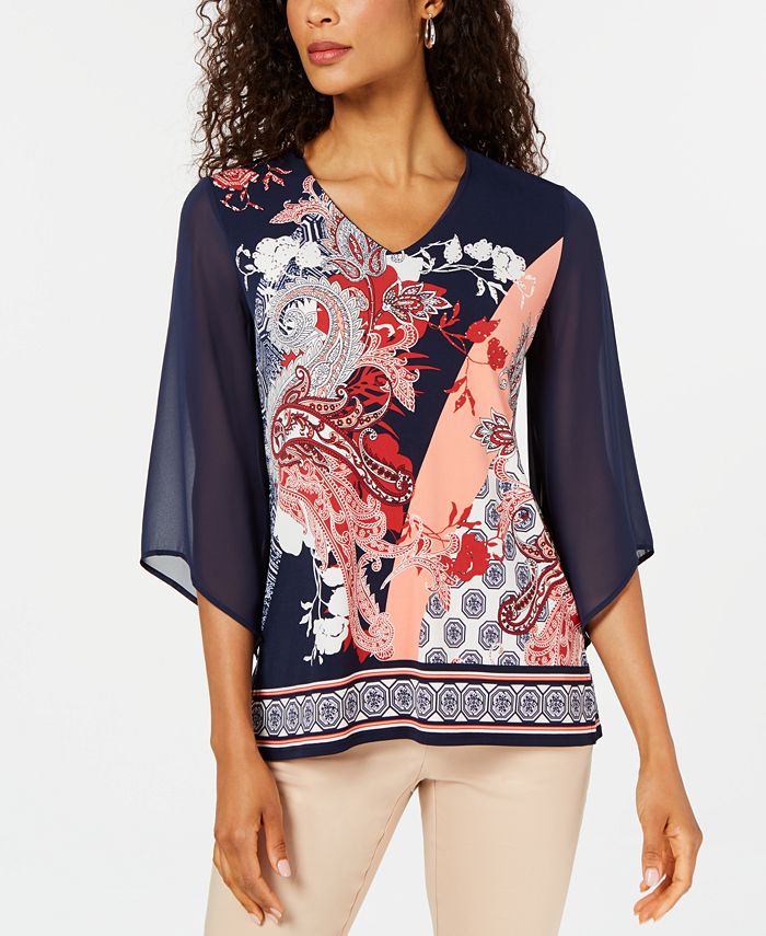 JM Collection Blusa feminina com decote em V e manga de chiffon estampada, azul, tamanho G