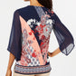 JM Collection Blusa feminina com decote em V e manga de chiffon estampada, azul, tamanho G