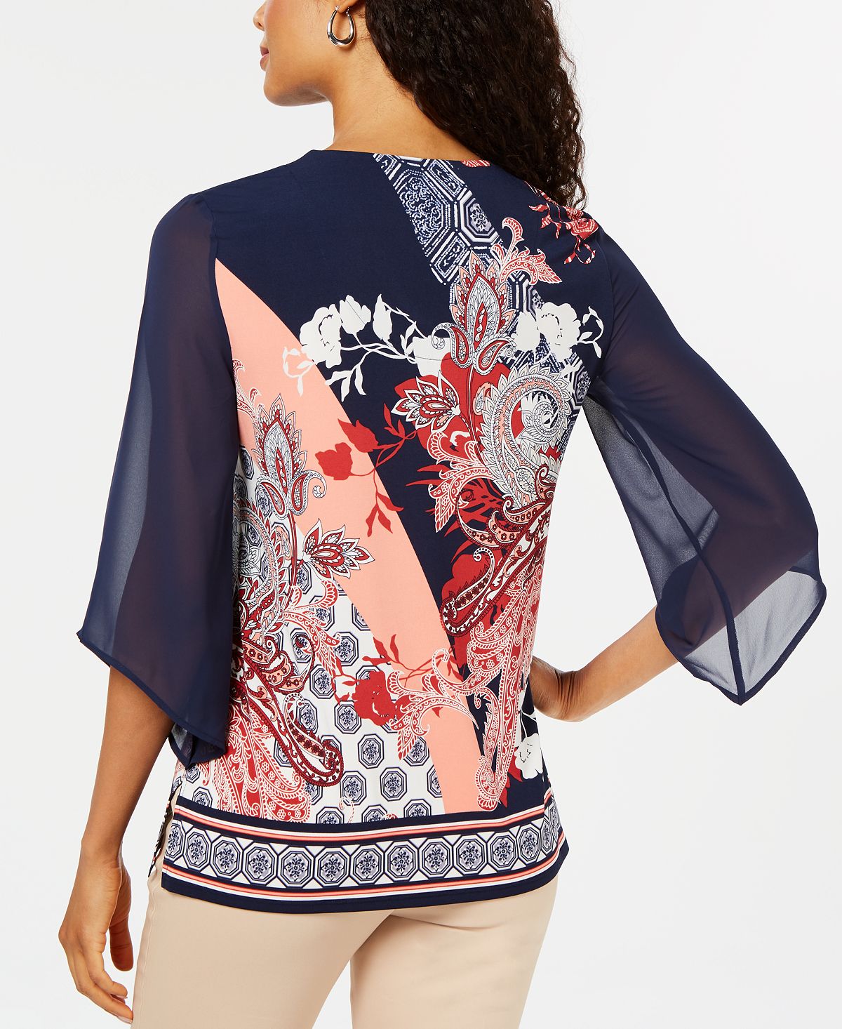JM Collection Blusa feminina com decote em V e manga de chiffon estampada, azul, tamanho G