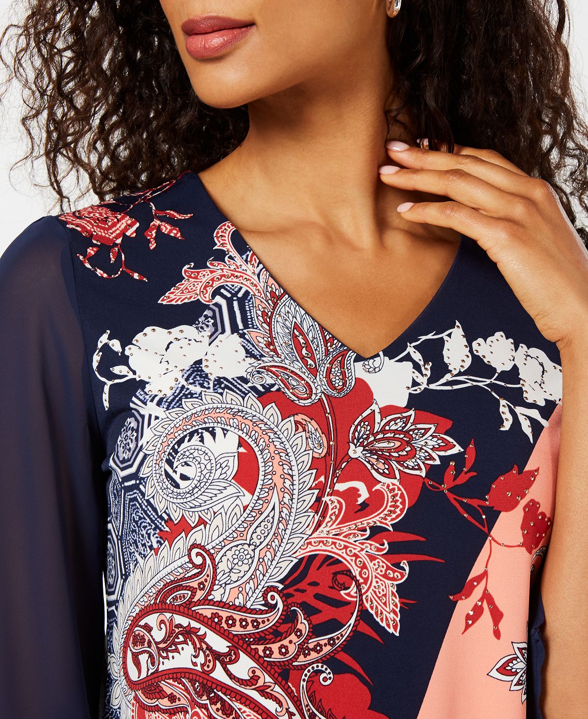 JM Collection Blusa feminina com decote em V e manga de chiffon estampada, azul, tamanho G