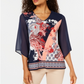 JM Collection Blusa feminina com decote em V e manga de chiffon estampada, azul, tamanho G