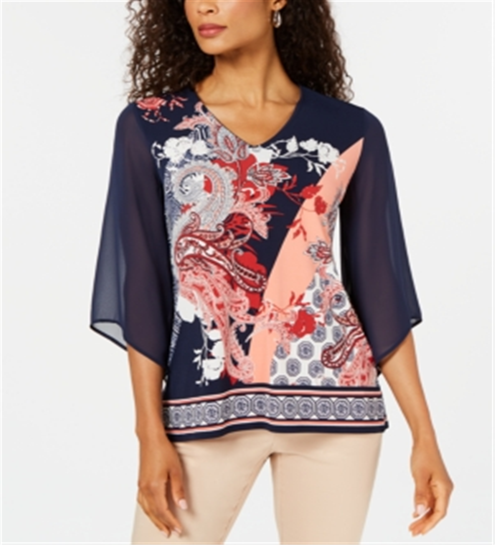 JM Collection Blusa feminina com decote em V e manga de chiffon estampada, azul, tamanho G