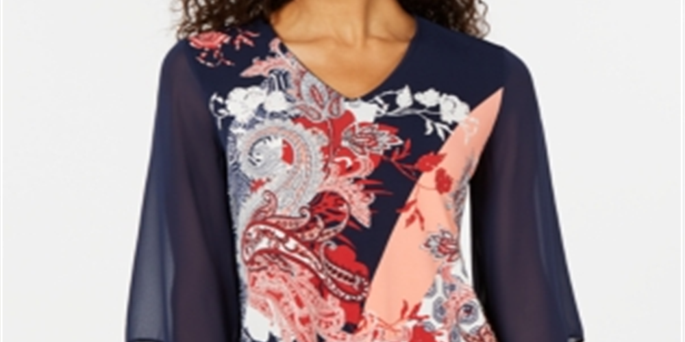 JM Collection Blusa feminina com decote em V e manga de chiffon estampada, azul, tamanho G