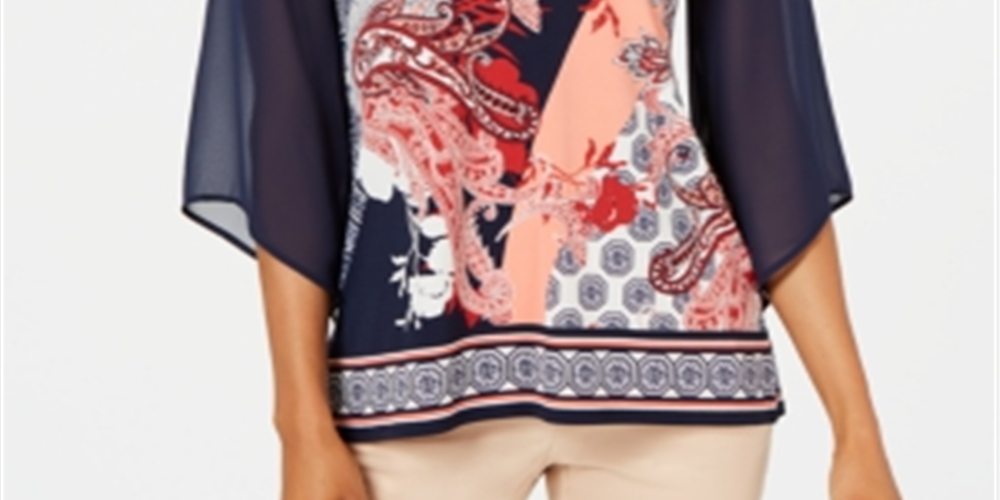 JM Collection Blusa feminina com decote em V e manga de chiffon estampada, azul, tamanho G