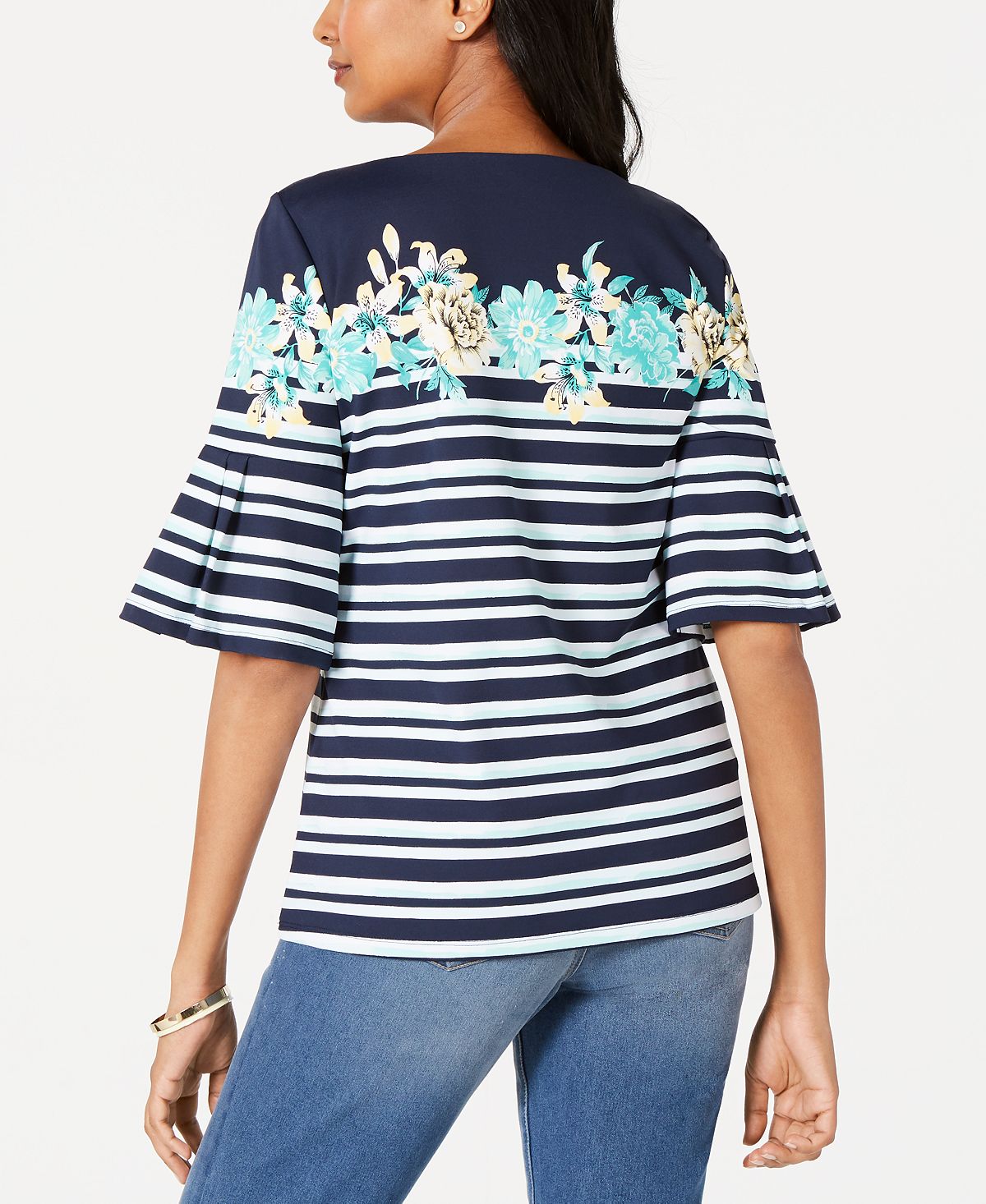 Charter Club Blusa feminina listrada tropical com manga sino, azul, tamanho grande