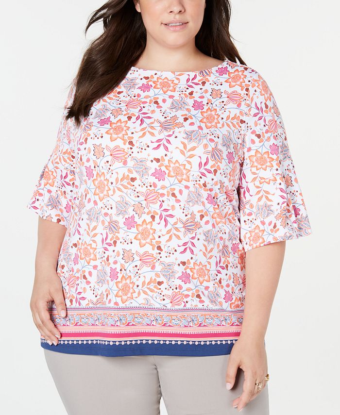 Blusa feminina Charter Club Plus com estampa de outono e manga sino, branca, tamanho 2X