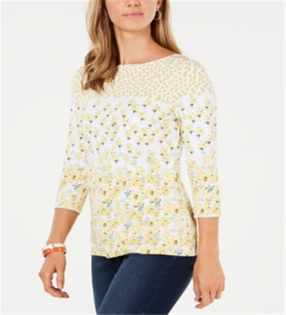 Charter Club Blusa feminina com estampa floral e decote canoa, branca, tamanho grande