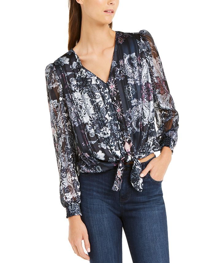 Blusa feminina estampada com bainha amarrada, azul escuro, tamanho pequeno G, da INC International Concepts