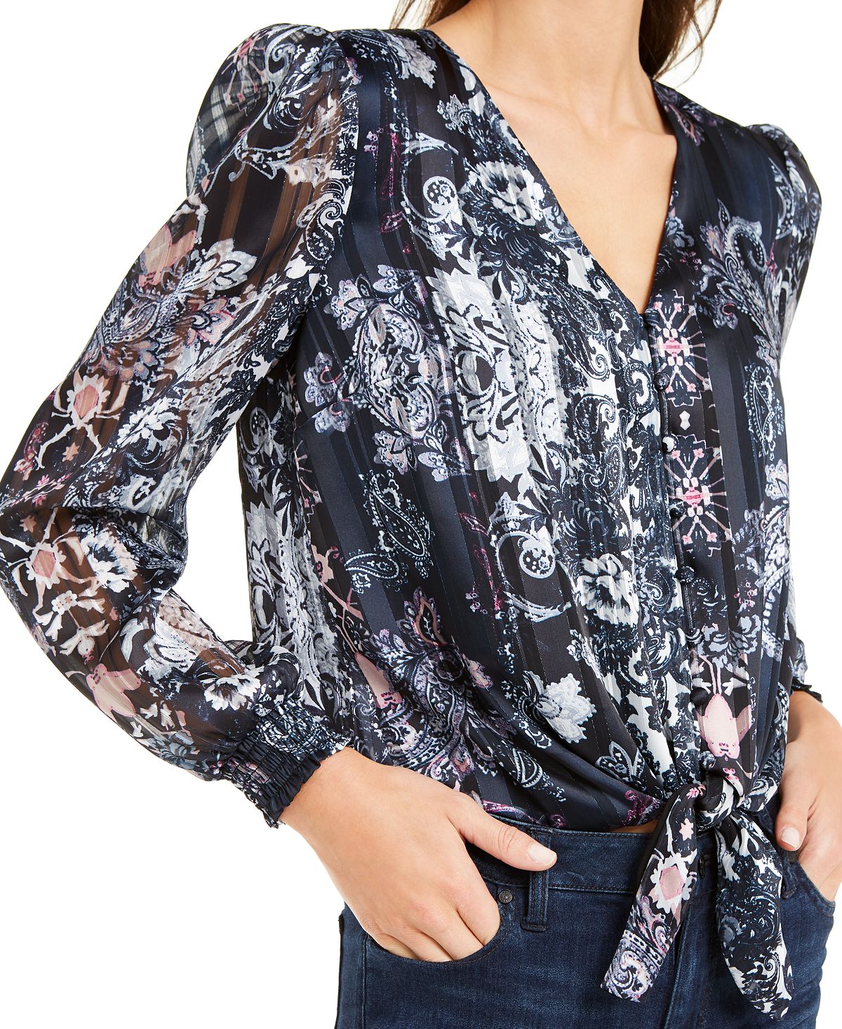Blusa feminina estampada com bainha amarrada, azul escuro, tamanho pequeno G, da INC International Concepts