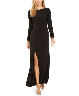 Vestido de noite feminino Calvin Klein com punhos de penas e franzidos, preto, tamanho 12