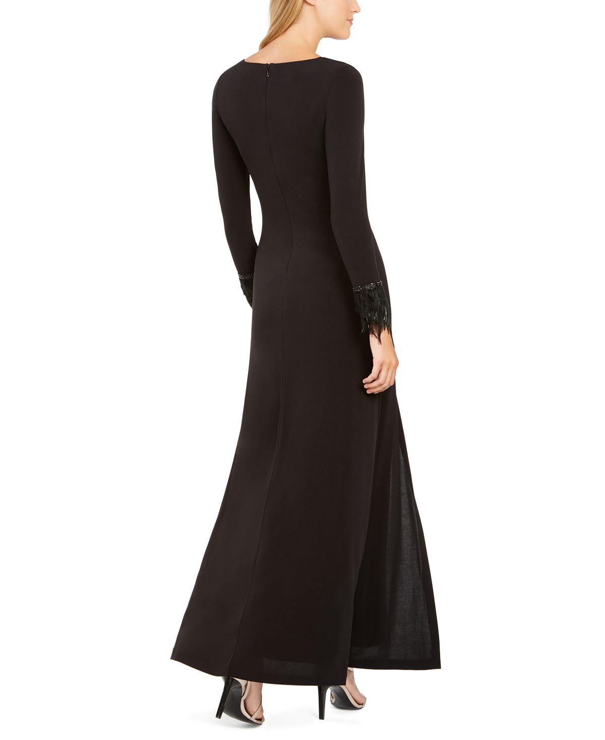 Vestido de noite feminino Calvin Klein com punhos de penas e franzidos, preto, tamanho 12