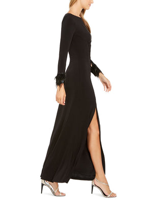 Vestido de noite feminino Calvin Klein com punhos de penas e franzidos, preto, tamanho 12