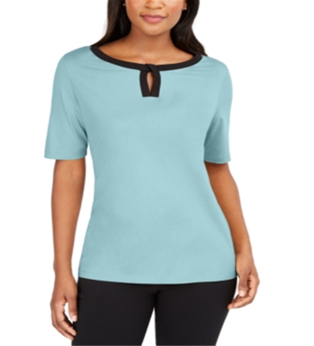 Karen Scott Blusa Feminina Manga Curta com Acabamento Contrastado Azul Tamanho P