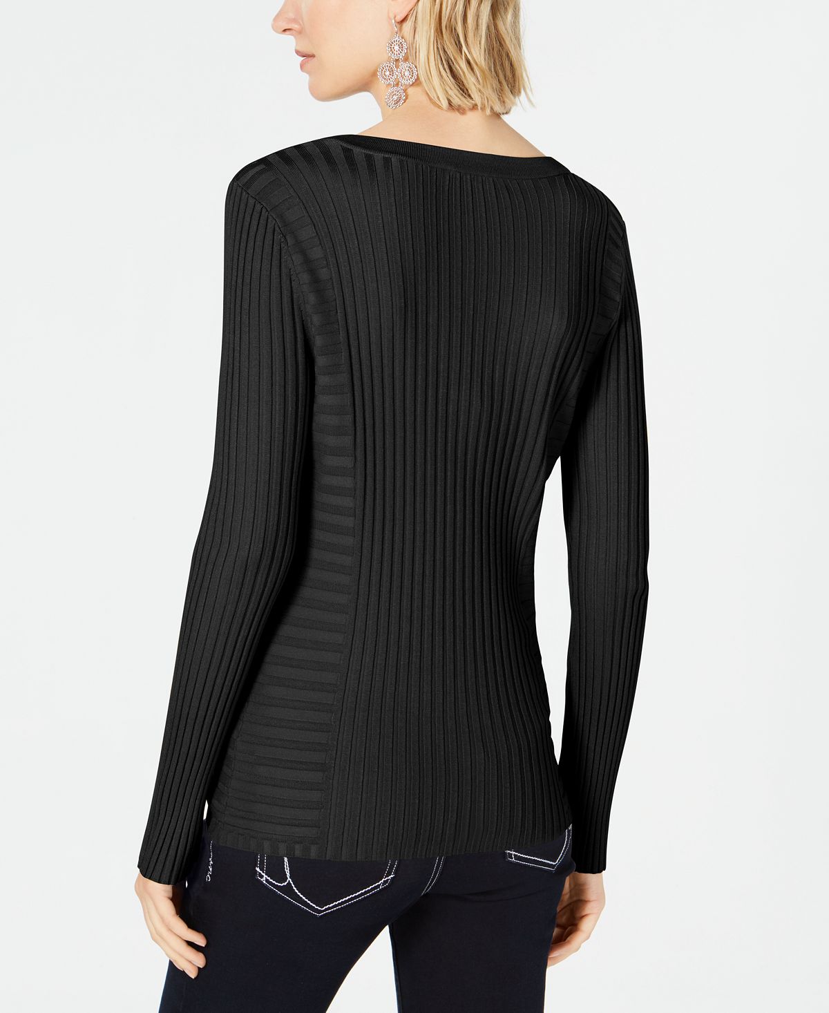 Suéter de malha canelada com cadarço feminino INC Iternational Concepts, preto, tamanho pequeno