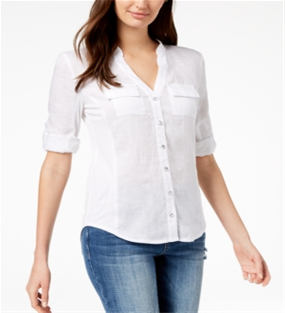Blusa feminina com botões e painel de linho INC International Concepts, branca, tamanho pequeno G