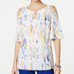JM Collection Blusa feminina estampada com ombros descobertos e textura amassada, branca, tamanho grande