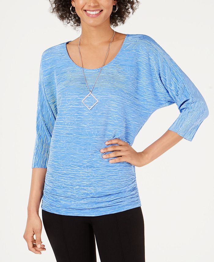 JM Collection Blusa feminina com manga dolman texturizada e colar azul tamanho pequeno