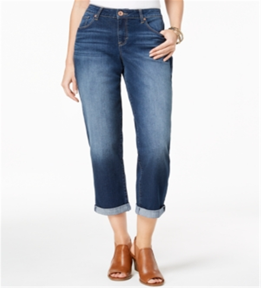 Calça jeans estilo boyfriend feminina, estilo curvy-fit, com punho, azul, tamanho 2