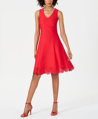 Donna Ricco Women's Fit & Flare Lasercut Hem Dress Red Size 14