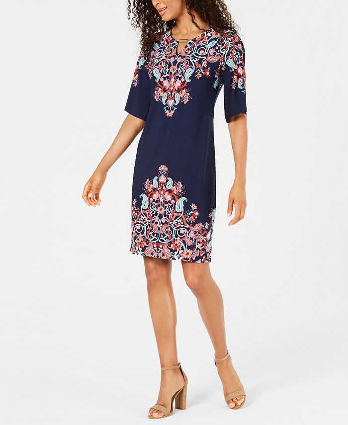 Vestido feminino com estampa floral e tachas JM Collection, azul, tamanho grande