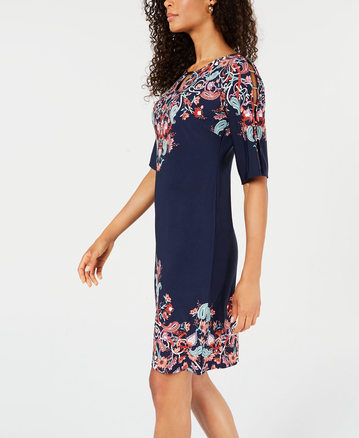 Vestido feminino com estampa floral e tachas JM Collection, azul, tamanho grande