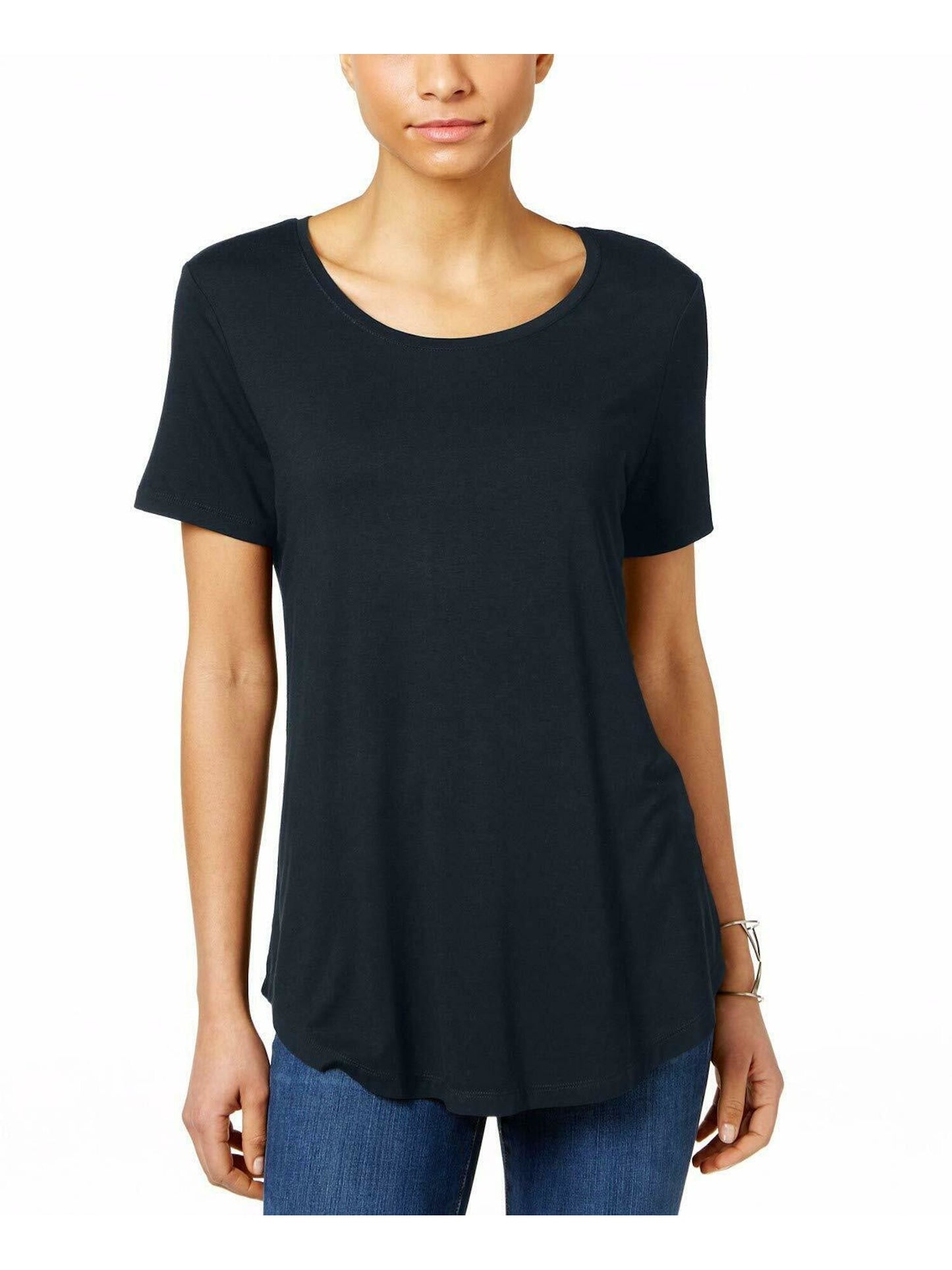 Blusa feminina com bainha curta e manga curta JM Collection, azul escuro, tamanho pequeno G