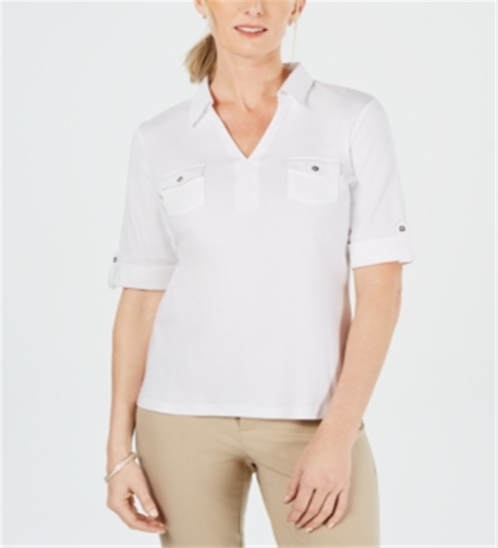 Karen Scott Blusa feminina de algodão com punho e mangas cotovelo, branca, tamanho 2XL
