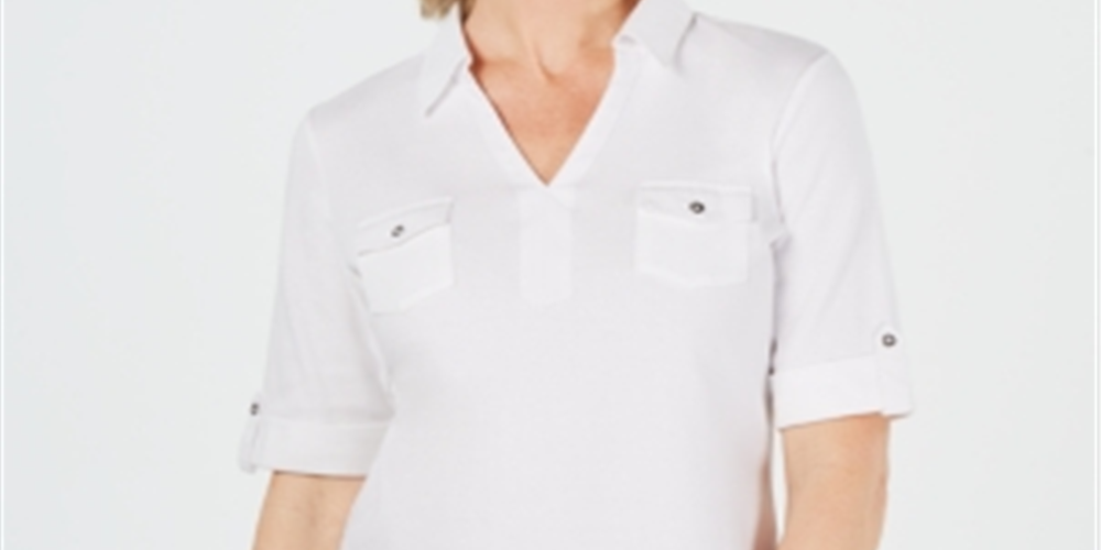 Karen Scott Blusa feminina de algodão com punho e mangas cotovelo, branca, tamanho 2XL
