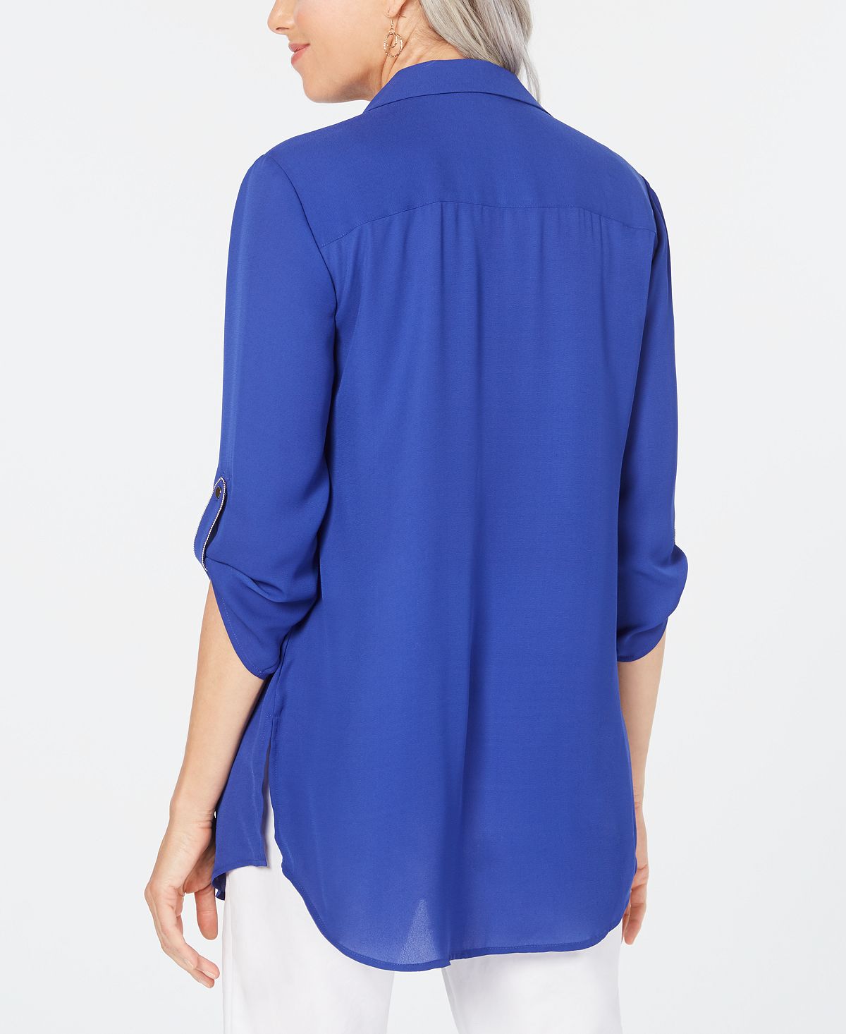 Blusa feminina com gola e botões JM Collection, azul, tamanho P